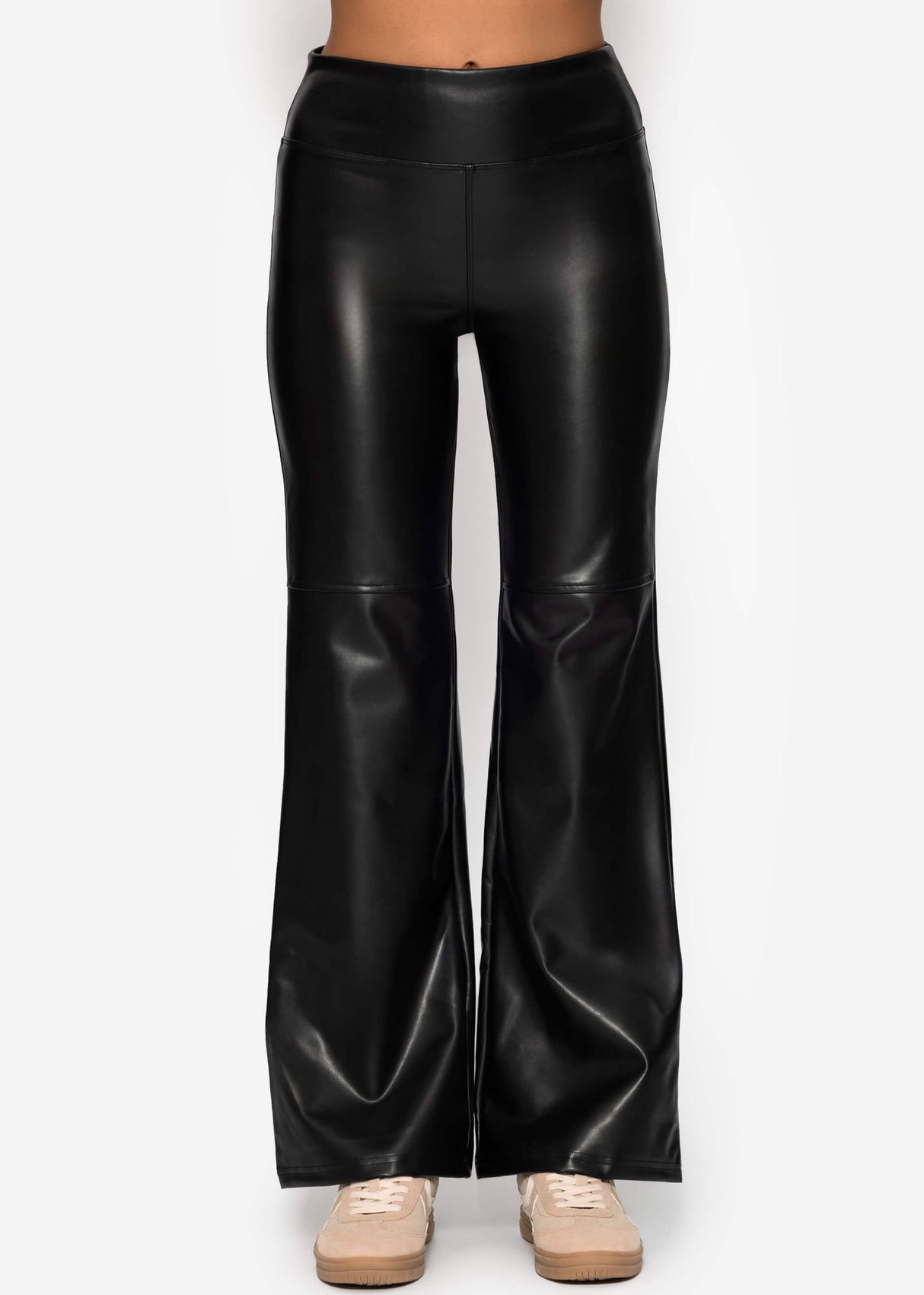 High-Rise Flared Thermo Faux Leather Leggings with Wide Waistband - Black