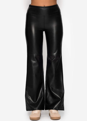 High-Rise Flared Thermo Faux Leather Leggings with Wide Waistband - Black