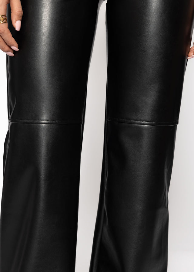 High-rise flared thermal faux leather leggings with wide waistband - black