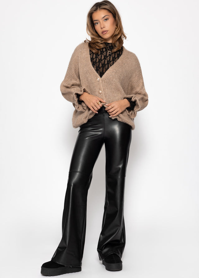 High-rise flared thermal faux leather leggings with wide waistband - black