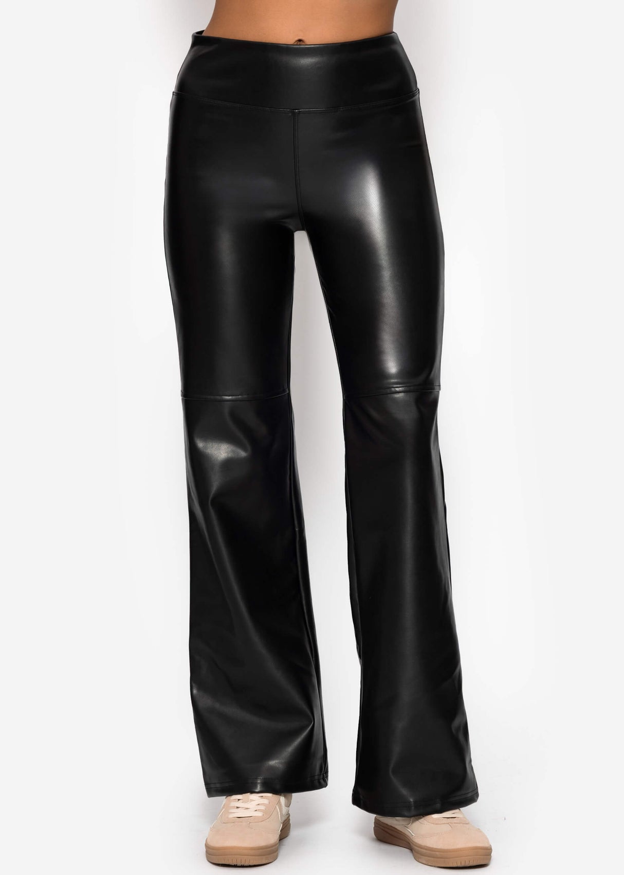 High-Rise Flared Thermo Faux Leather Leggings with Wide Waistband - Black