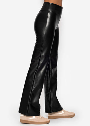 High-Rise Flared Thermo Faux Leather Leggings with Wide Waistband - Black