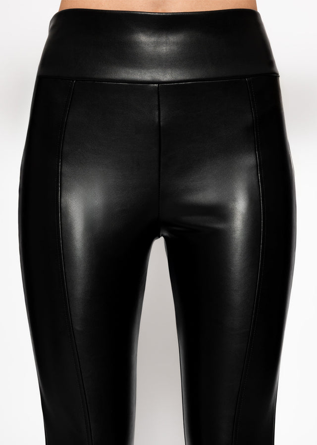 High-rise thermal faux leather leggings with seams - black