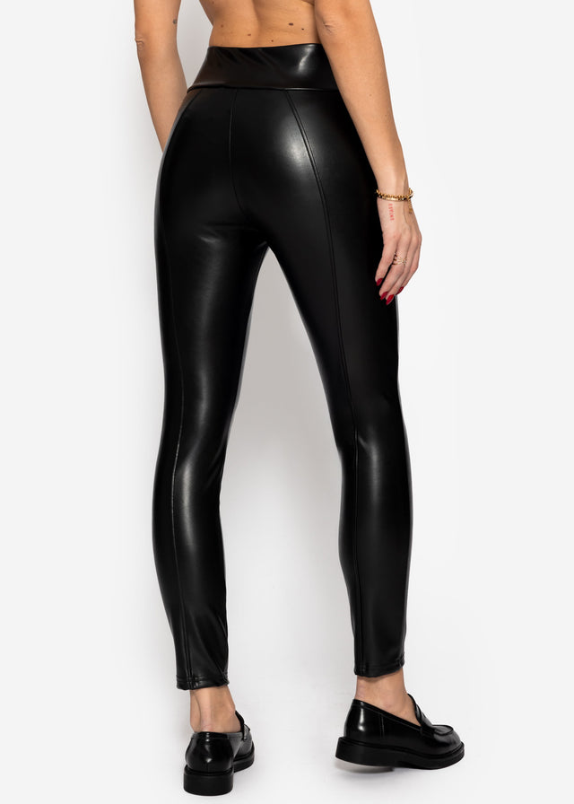 High-rise thermal faux leather leggings with seams - black