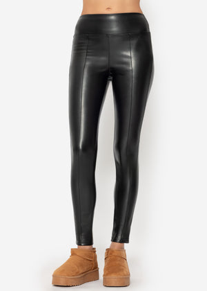 High-Rise Thermo Kunstleder Leggings mit Biese - schwarz