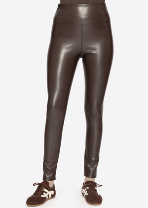 High-Rise Thermo Lederleggings mit breitem Bund - dunkelbraun
