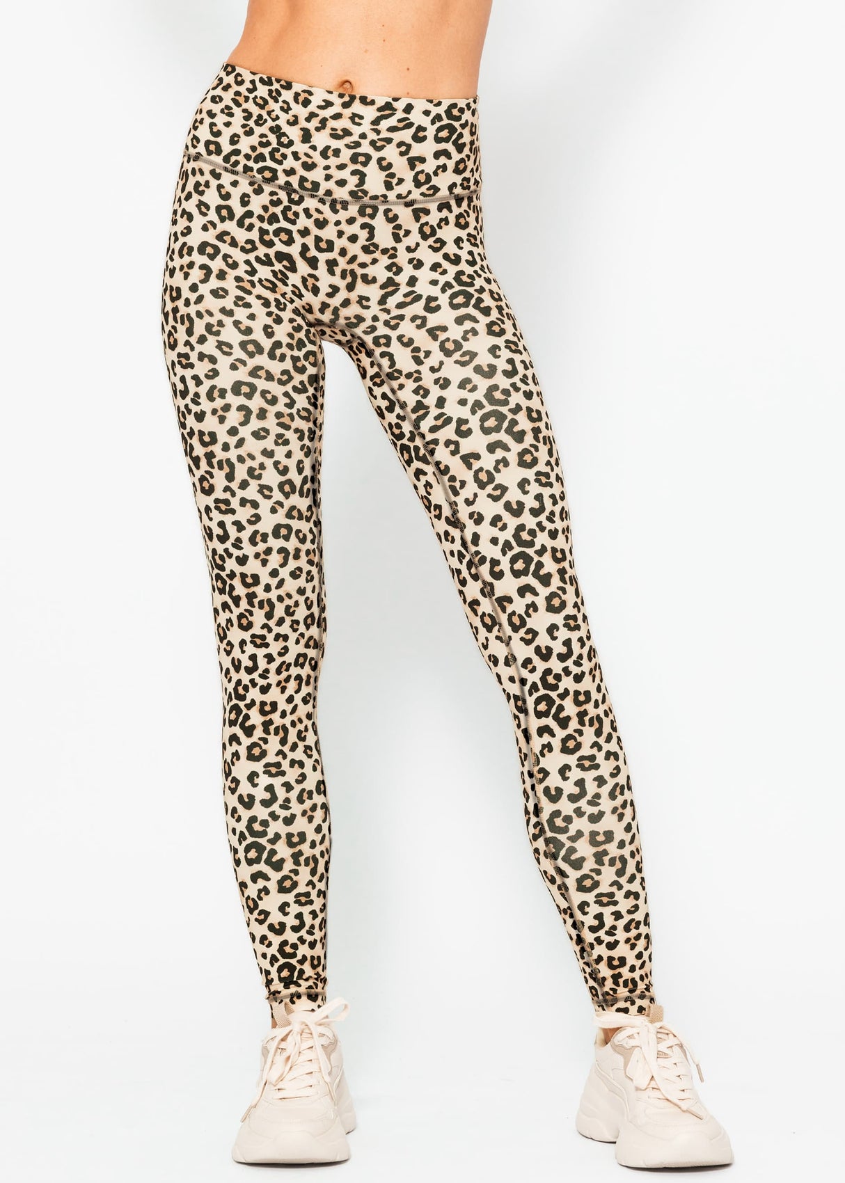 High-waisted sports leggings with leopard print - beige