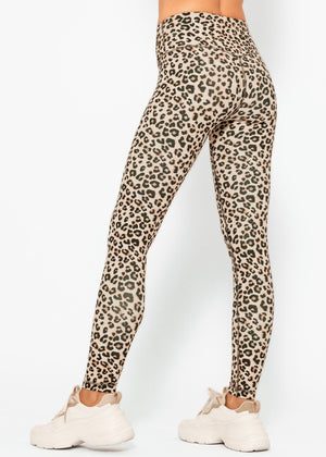 High-waisted sports leggings with leopard print - beige