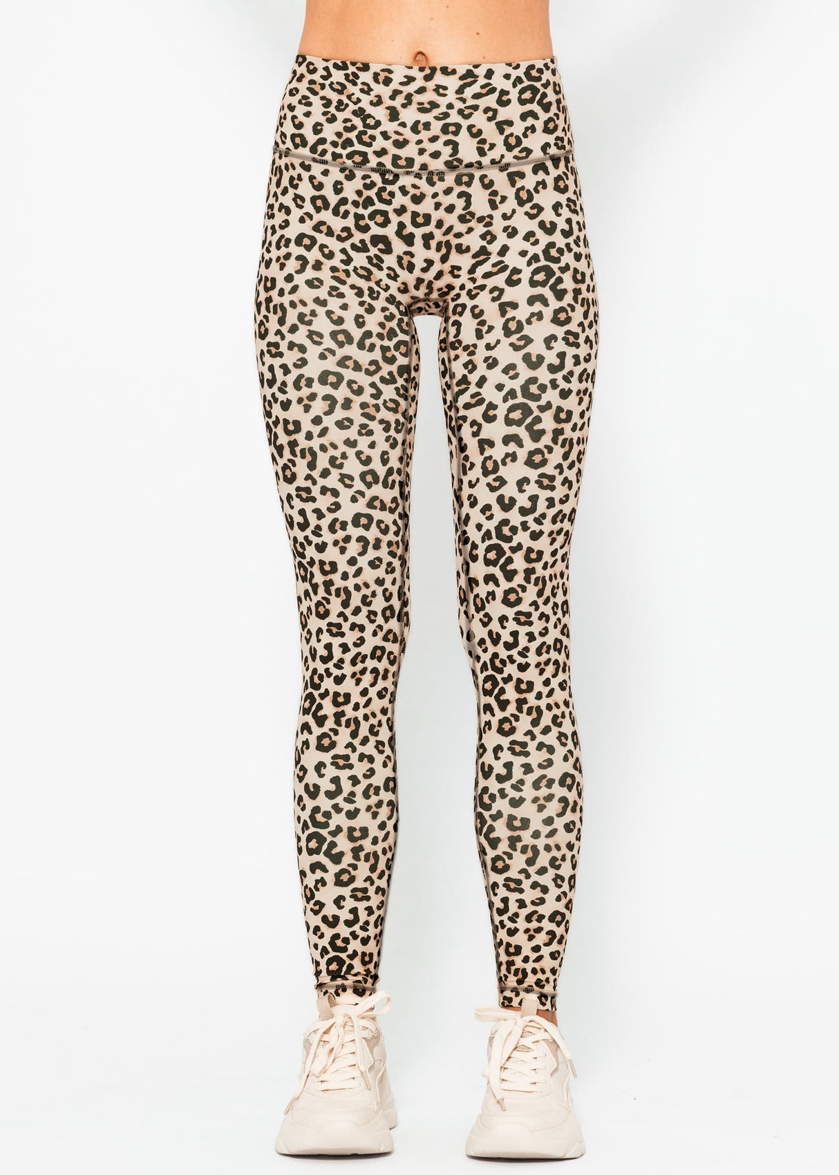 High-waisted sports leggings with leopard print - beige