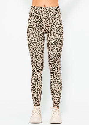High-waisted sports leggings with leopard print - beige