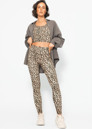 High-waisted sports leggings with leopard print - beige