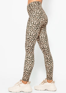 High-waisted sports leggings with leopard print - beige