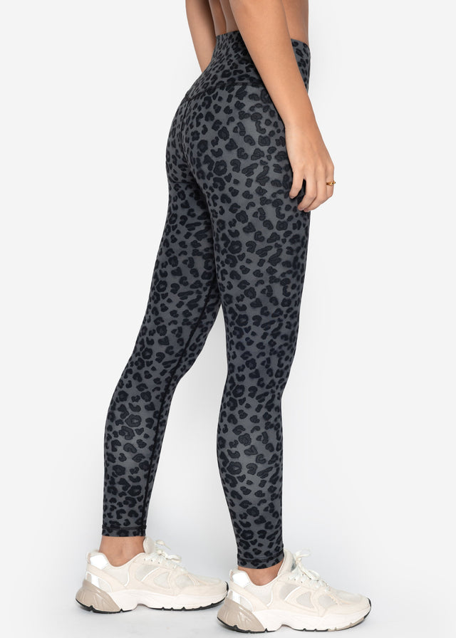 High Waist Sportleggings mit Leo-Print - grau