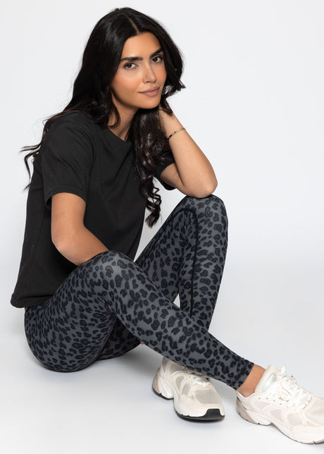 High-waisted sports leggings with leopard print - grey