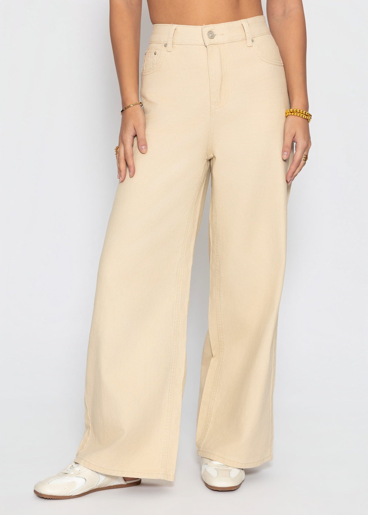 Highwaist Baumwoll-Hose mit weitem Bein - beige