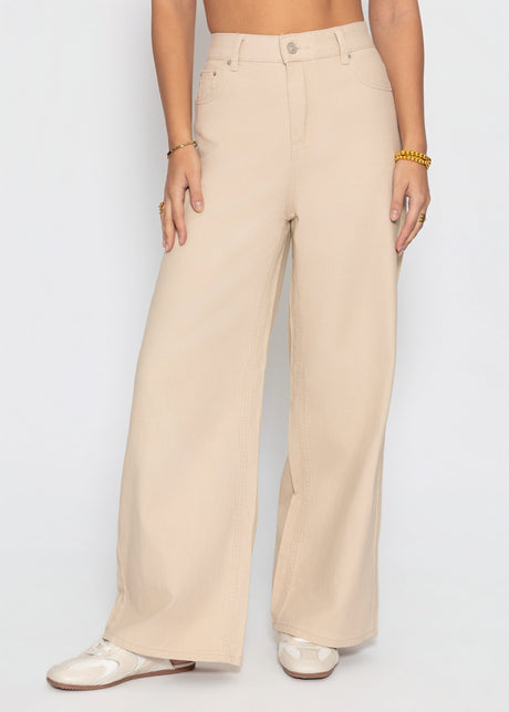 Highwaist Baumwoll-Hose mit weitem Bein - beige von SASSYCLASSY