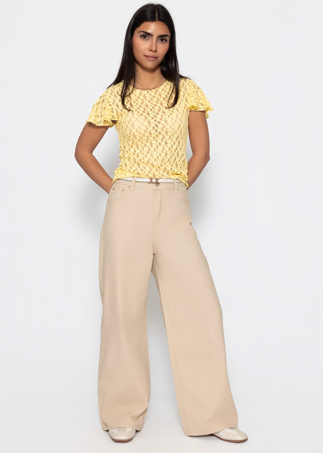 High-waisted cotton trousers with wide legs - beige
