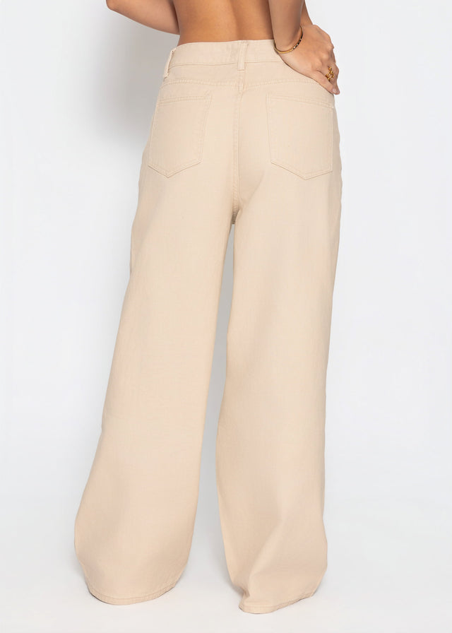 High-waisted cotton trousers with wide legs - beige