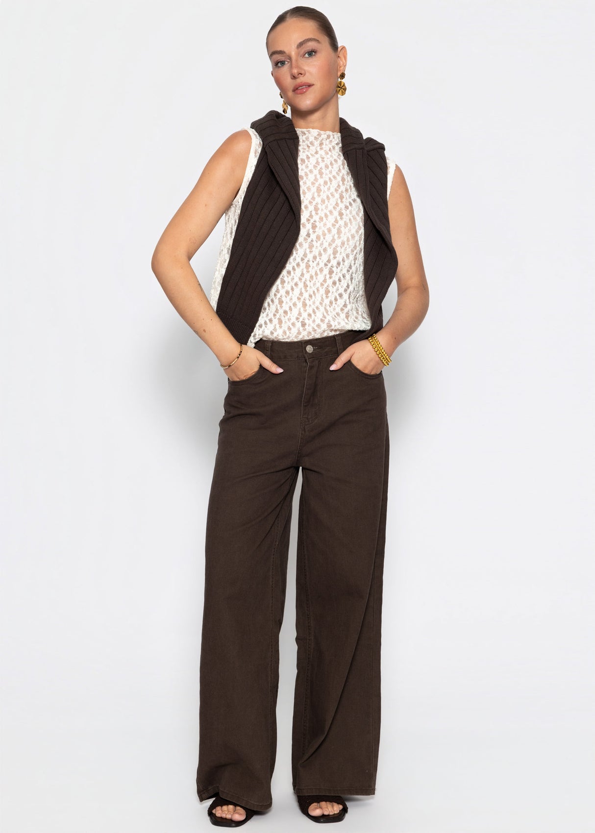 Highwaist Baumwoll-Hose mit weitem Bein - braun