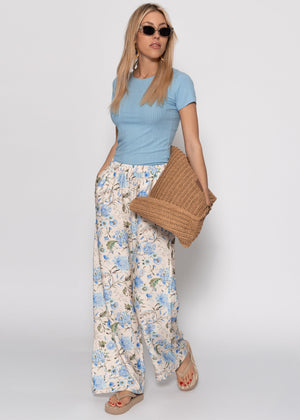 Pants with floral print - beige-blue