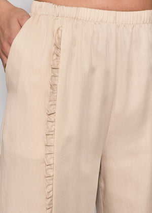 Hose mit weitem Bein und Rüschendetail - beige