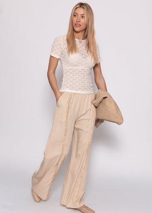 Hose mit weitem Bein und Rüschendetail - beige