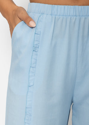 Hose mit weitem Bein und Rüschendetail - hellblau