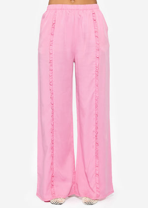 Hose mit weitem Bein und Rüschendetail - rosa
