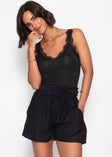 Jersey Top mit Spitze und V-Ausschnitt - schwarz