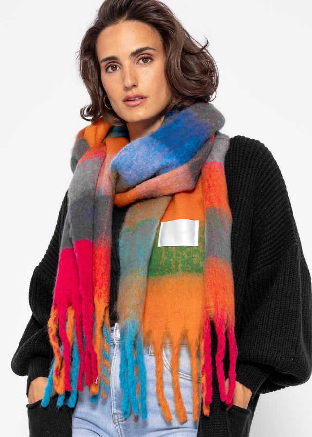 Checked fluffy scarf - blue-orange-pink