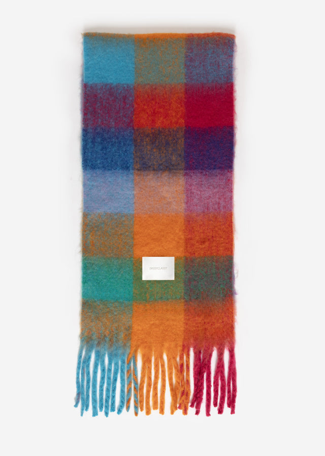 Checked fluffy scarf - blue-orange-pink
