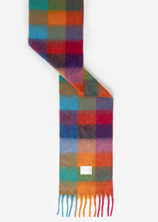 Checked fluffy scarf - blue-orange-pink