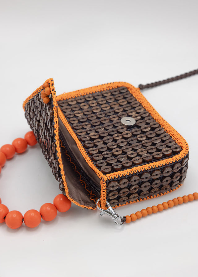 Small bag with orange pearl handle - dark brown