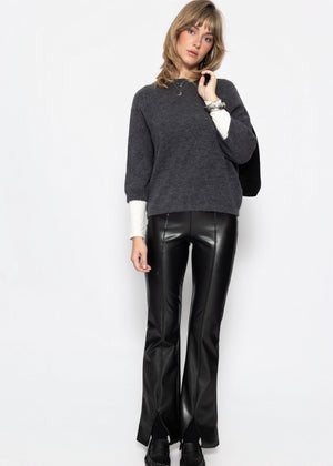 Kunstleder Thermo Leggings mit Teilungsnähten und Saumschlitz - schwarz
