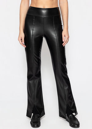 Kunstleder Thermo Leggings mit Teilungsnähten und Saumschlitz - schwarz