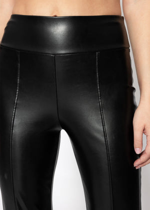 Kunstleder Thermo Leggings mit Teilungsnähten und Saumschlitz - schwarz