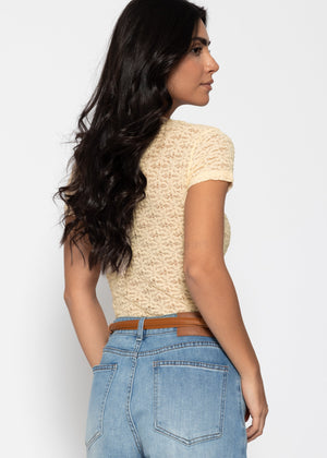 Short-sleeved bodysuit in floral lace - butter yellow