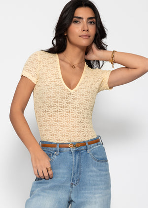 Short-sleeved bodysuit in floral lace - butter yellow