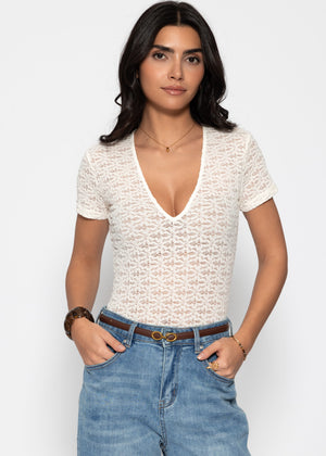 Short-sleeved bodysuit in floral lace - off-white