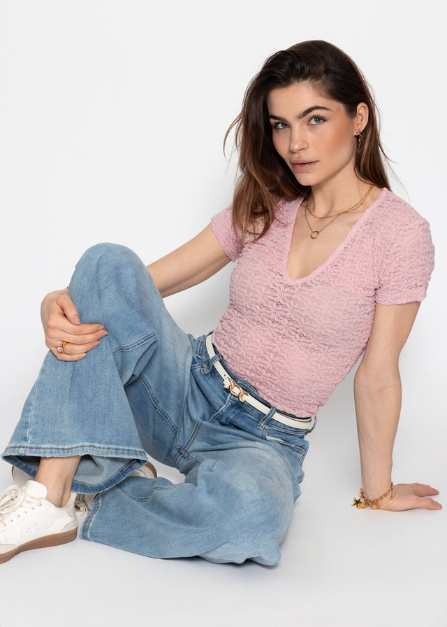 Short-sleeved floral lace bodysuit - rose