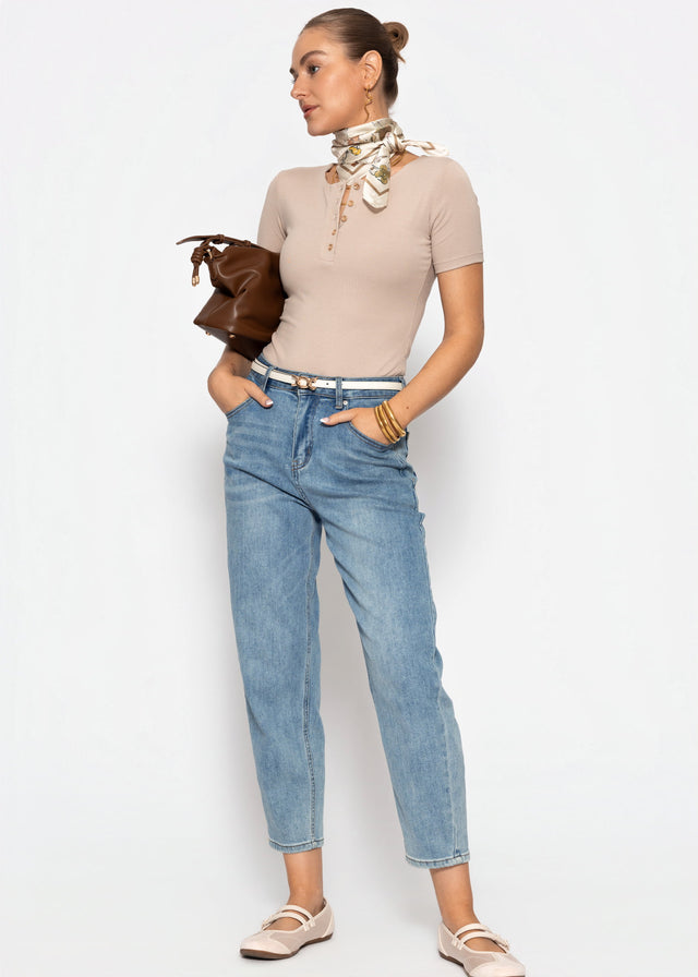 Short-sleeved bodysuit with button placket - beige