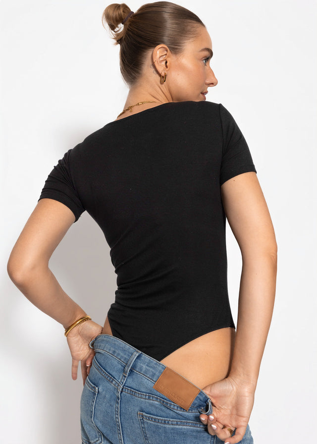 Short-sleeved bodysuit with button placket - black
