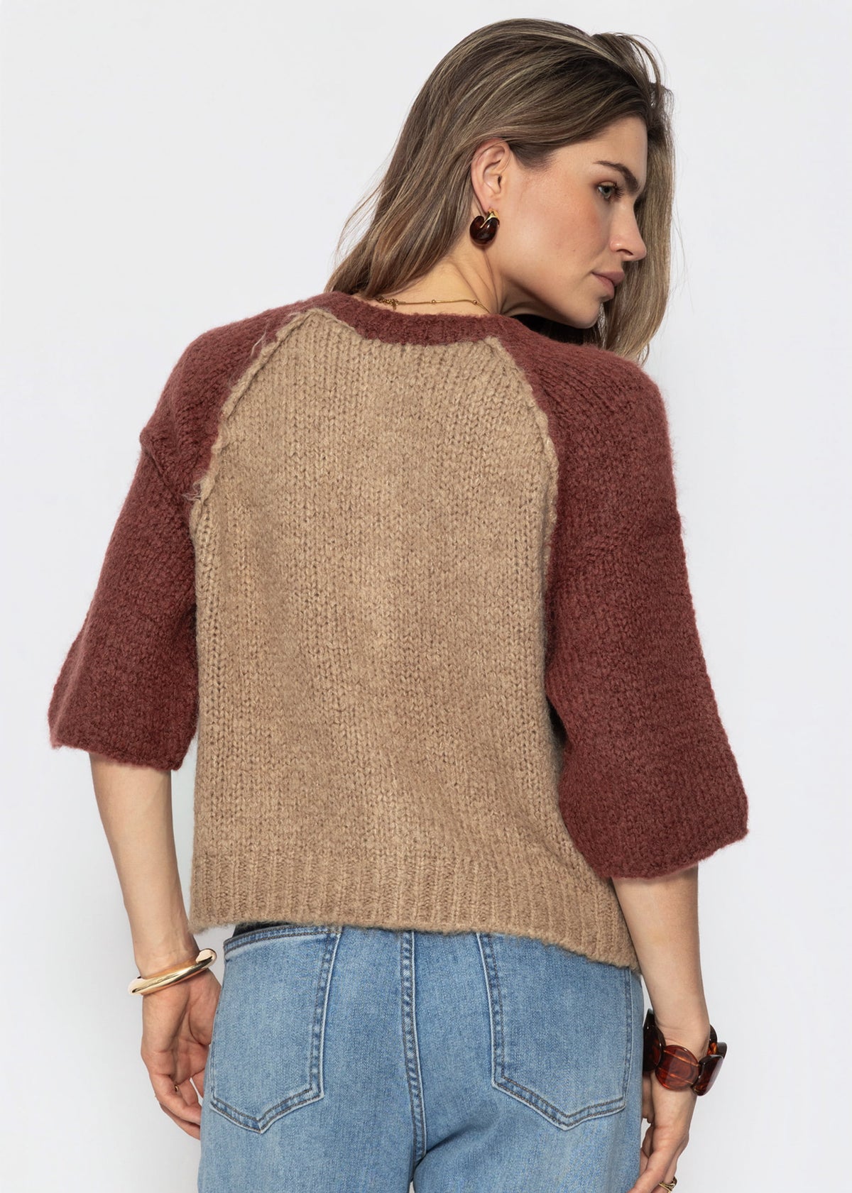 Kurzarm Cardigan mit Außennähten - beige-mauve