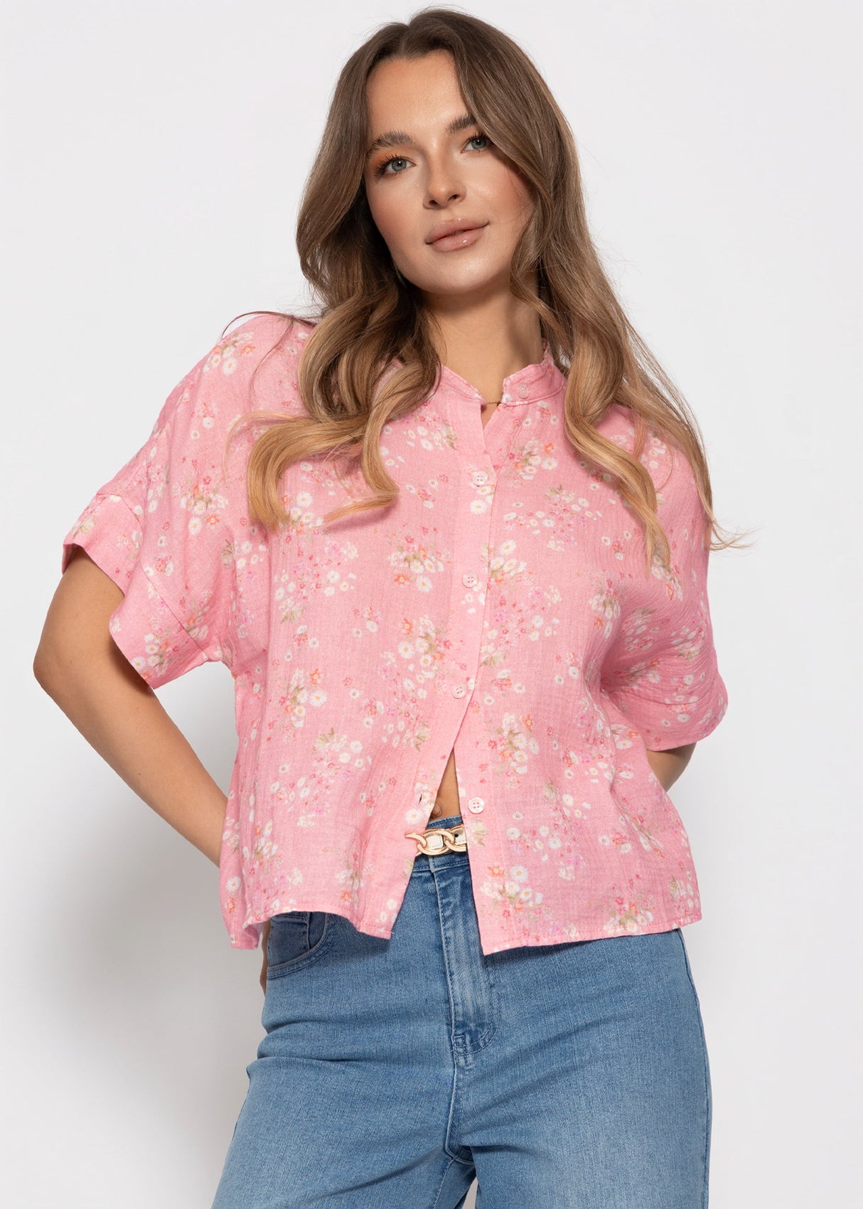 Kurzarm Musselin Bluse mit Blumenprint - rosa