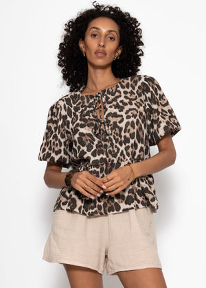 Kurzarm Musselin Bluse mit Leo-Print - braun