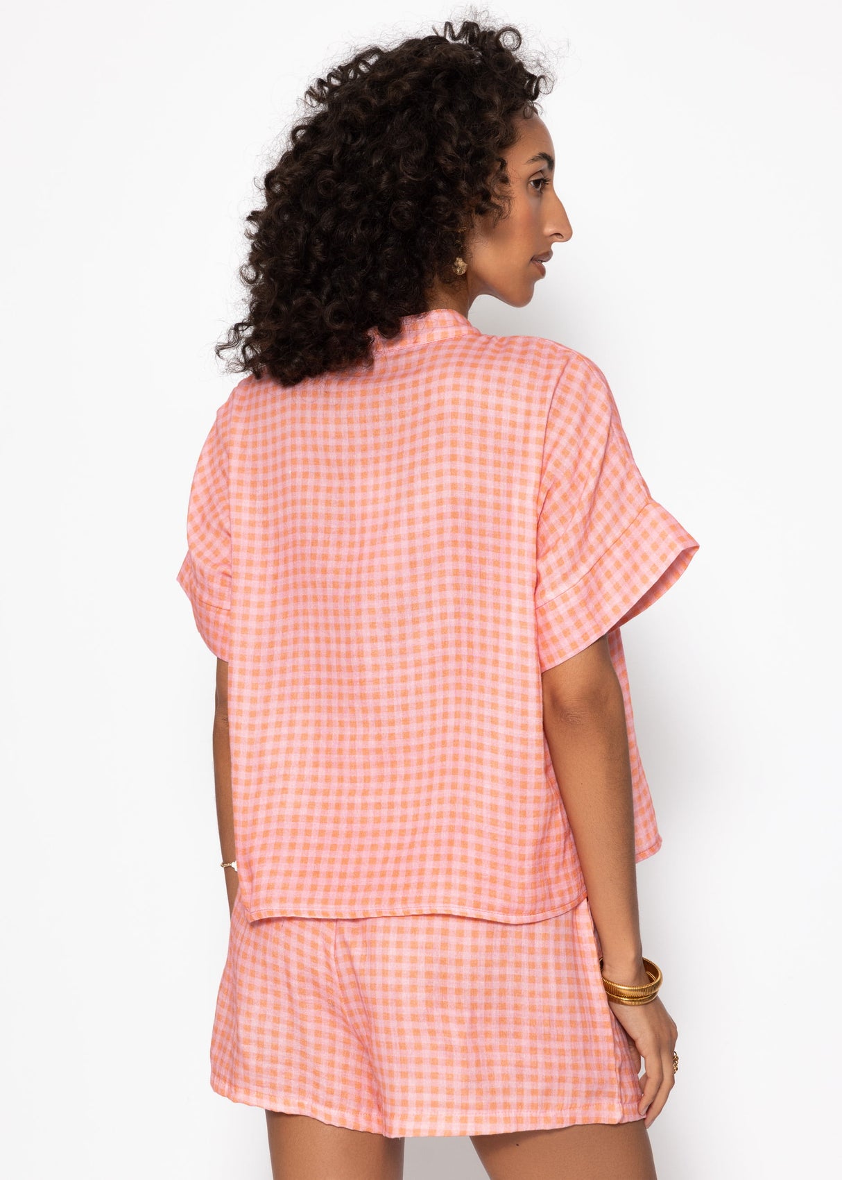 Kurzarm Musselin Bluse mit Vichy-Print - koralle