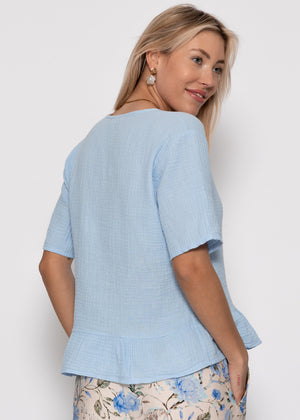Kurzarm Musselin Bluse mit Volants - hellblau