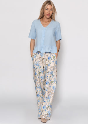 Kurzarm Musselin Bluse mit Volants - hellblau