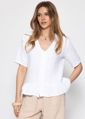 Kurzarm Musselin Bluse mit Volants - weiß