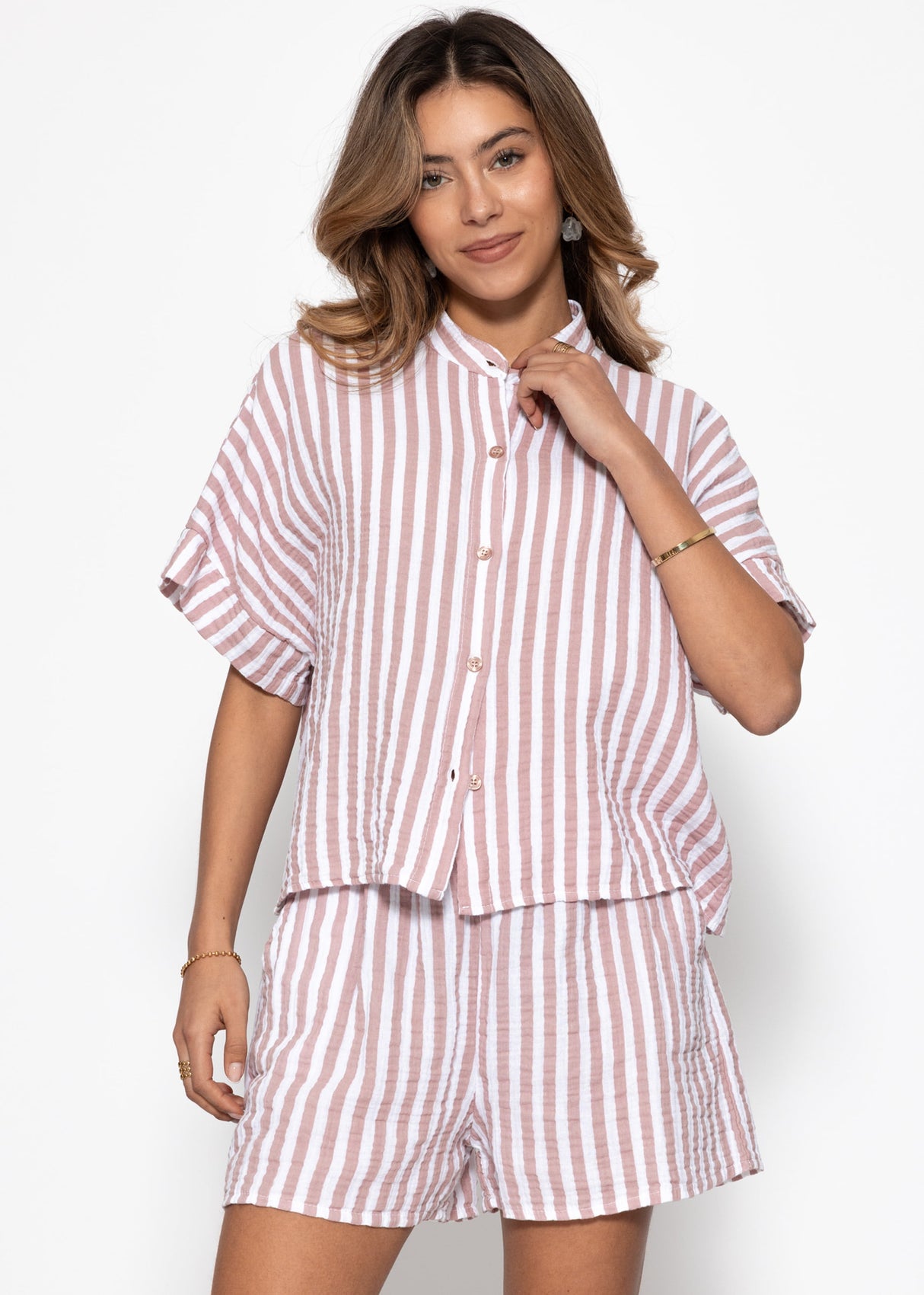 Short-sleeve Muslin Blouse with Stripes - Pink